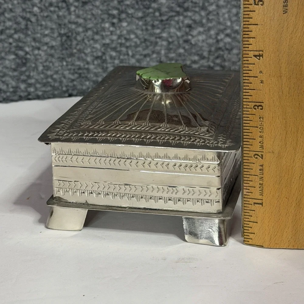 VINTAGE ALPACA SILVER  WITH INTRICATE DESIGN HINGED LID W/TURQUOISE ACCENT